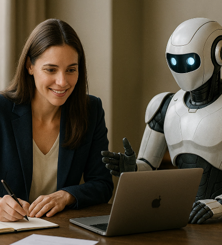 Professional woman collaborating with AI assistant